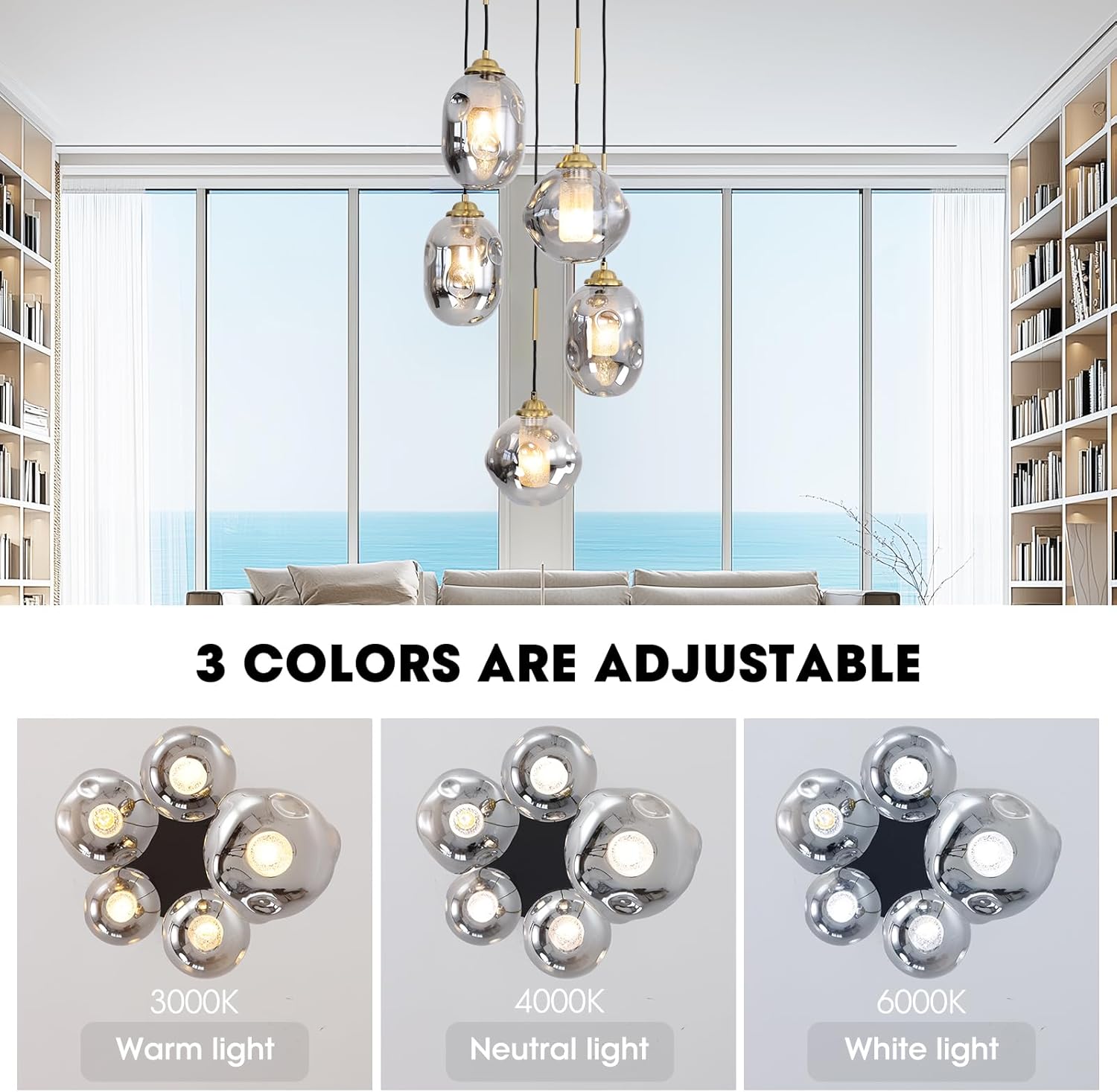 Modern 5-Light Smoked Glass Cluster Pendant Chandelier with Adjustable Black Cords and Gold Accents