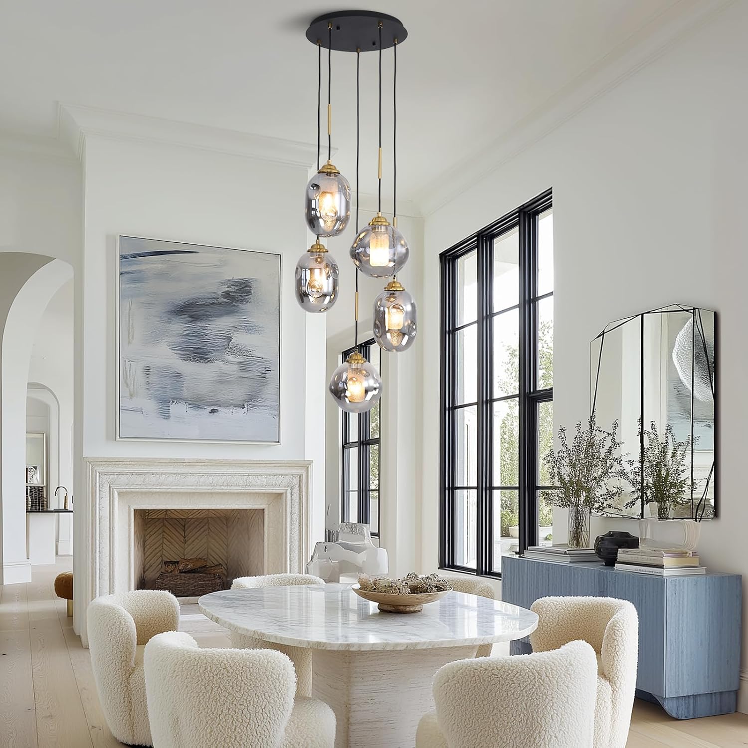 Modern 5-Light Smoked Glass Cluster Pendant Chandelier with Adjustable Black Cords and Gold Accents