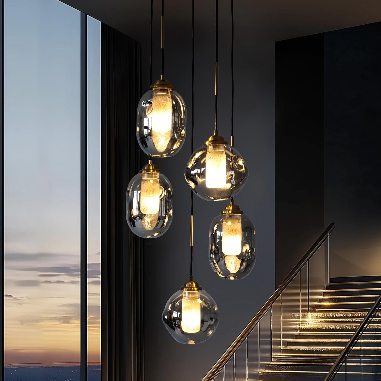 Modern 5-Light Smoked Glass Cluster Pendant Chandelier with Adjustable Black Cords and Gold Accents