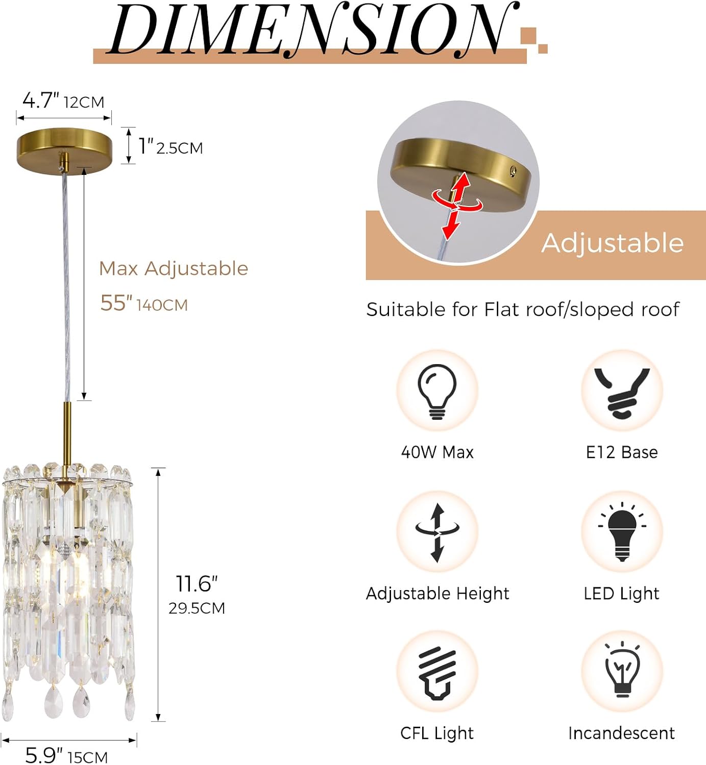 Modern Gold Mini Crystal Pendant Light Adjustable E12 Hanging Chandelier
