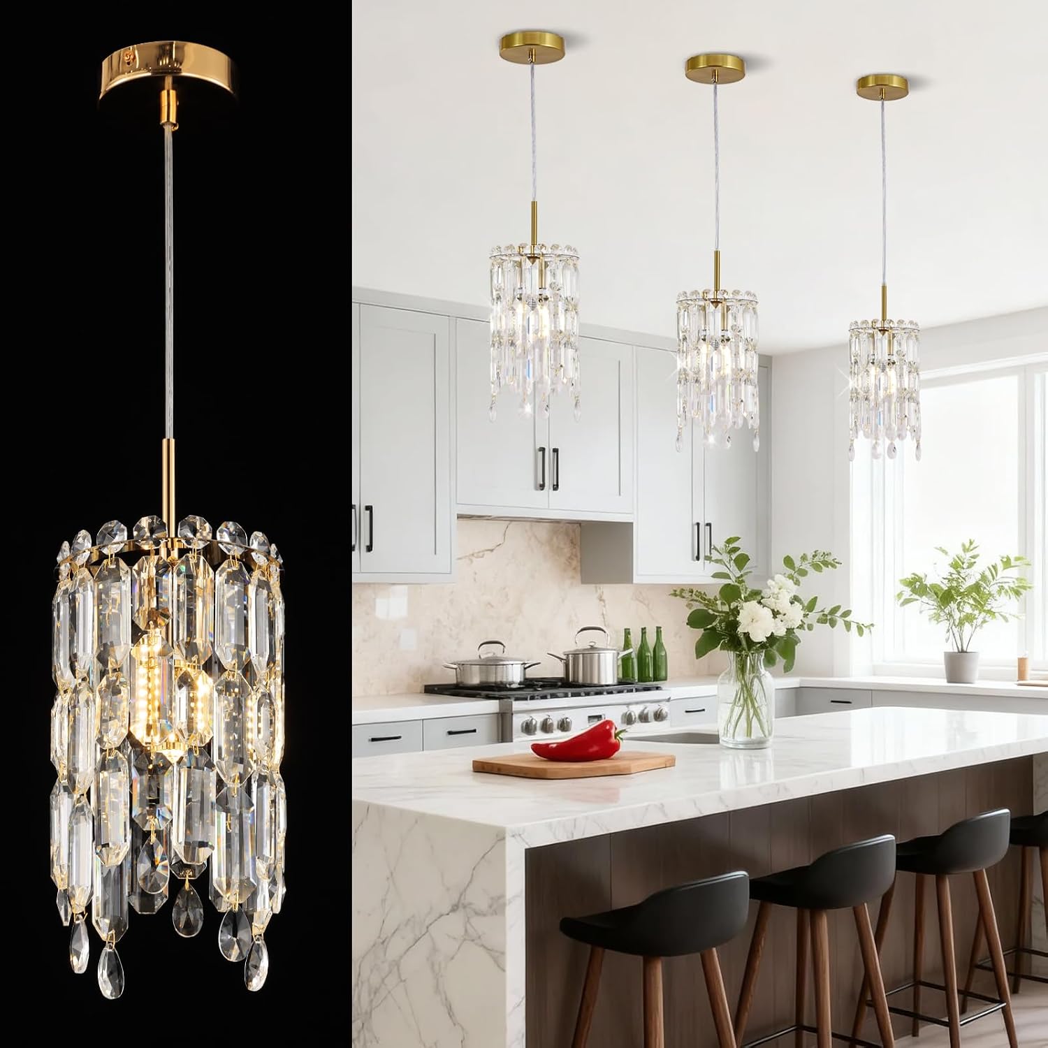 Modern Gold Mini Crystal Pendant Light Adjustable E12 Hanging Chandelier