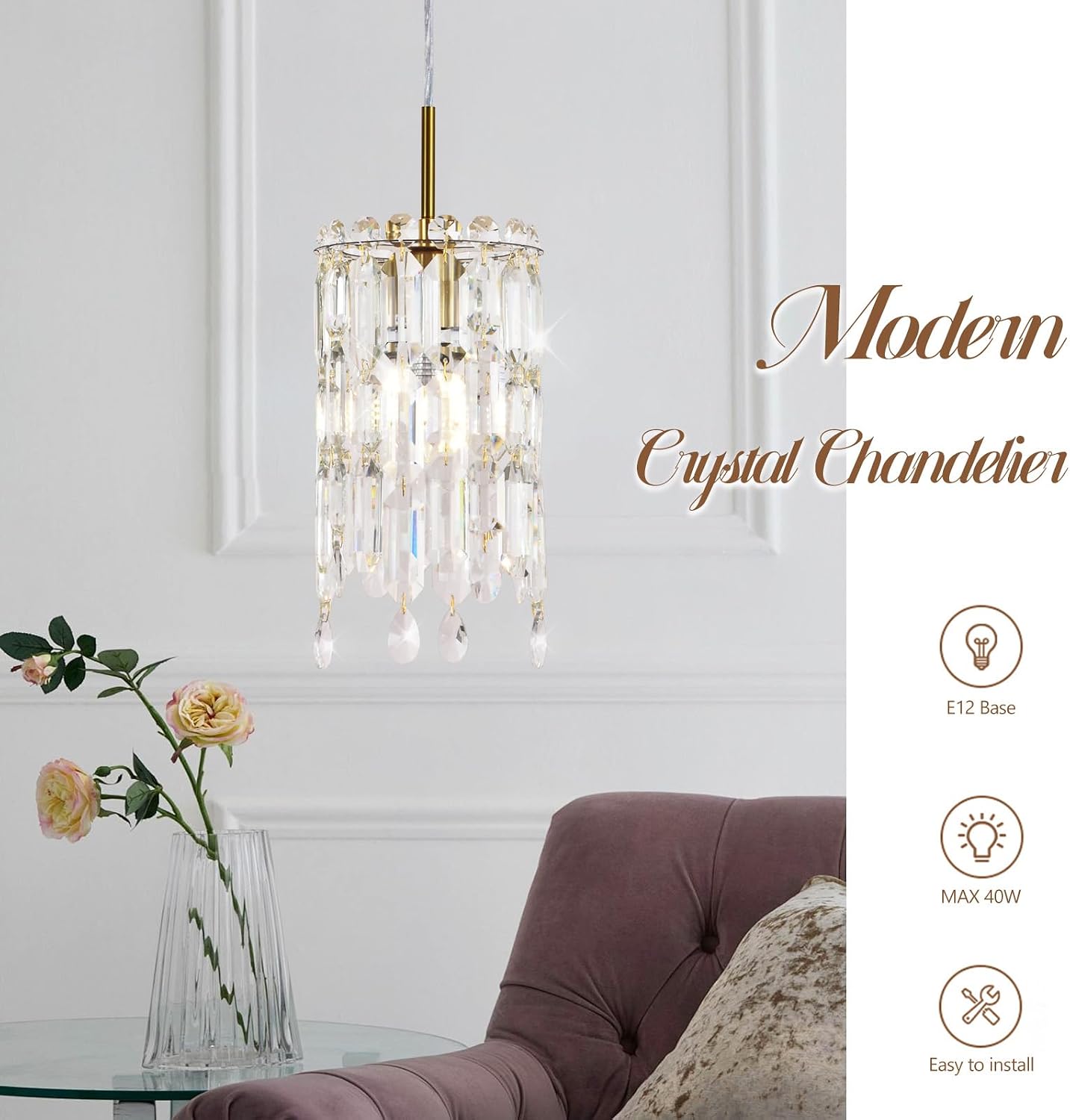 Modern Gold Mini Crystal Pendant Light Adjustable E12 Hanging Chandelier