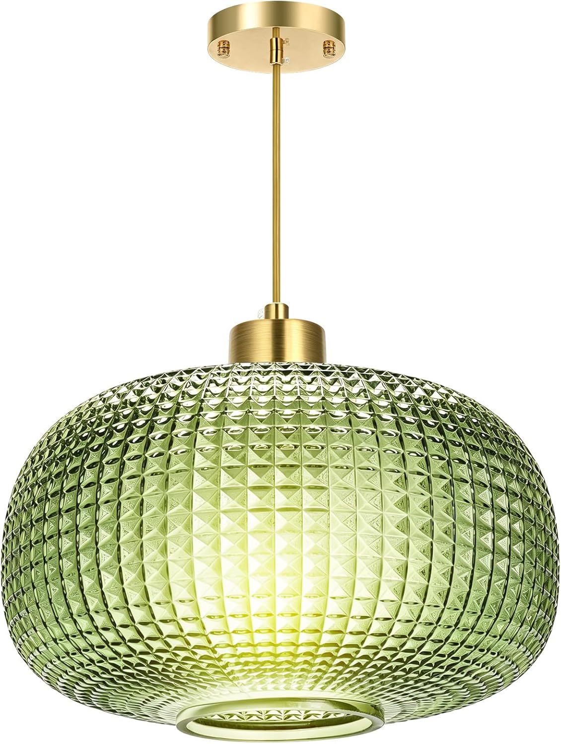 Modern Green Embossed Glass Pendant Light with Brass Finish Adjustable E26 Hanging Ceiling Lamp