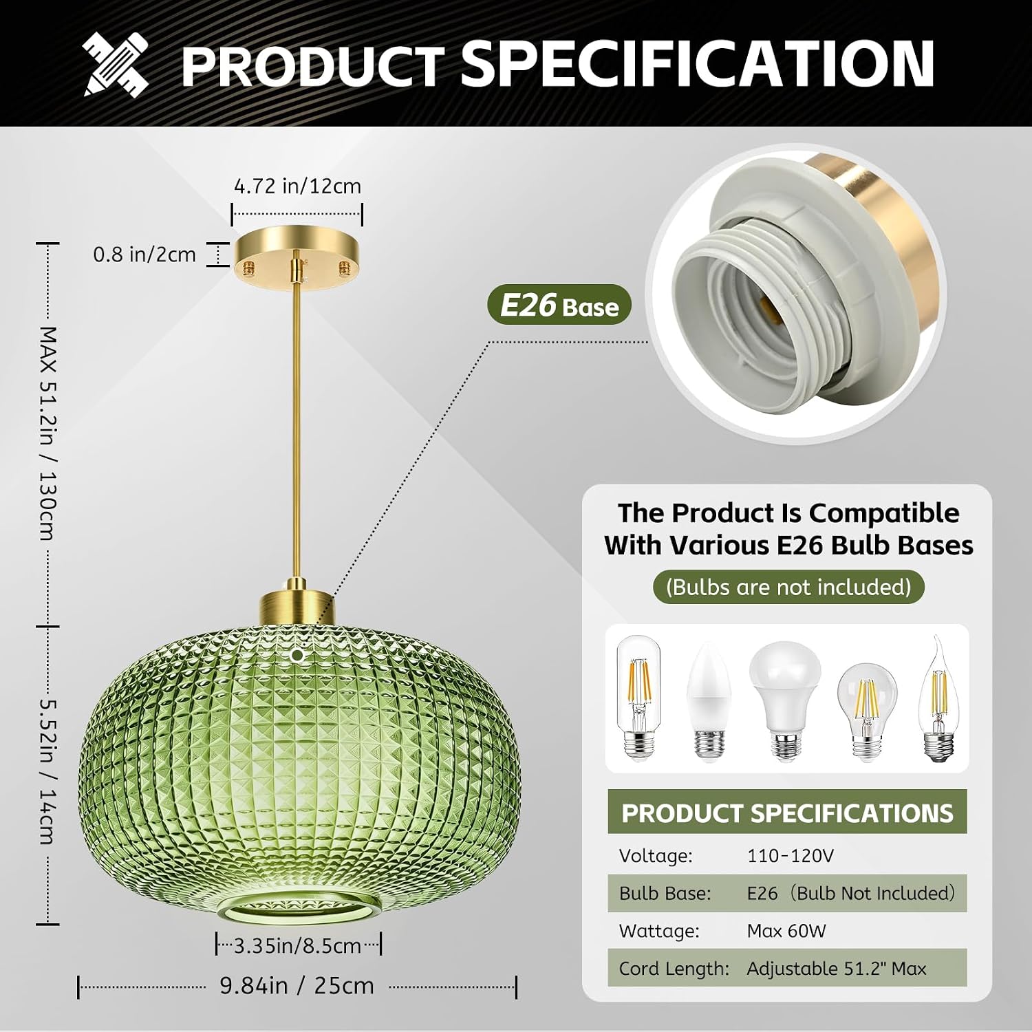 Modern Green Embossed Glass Pendant Light with Brass Finish Adjustable E26 Hanging Ceiling Lamp