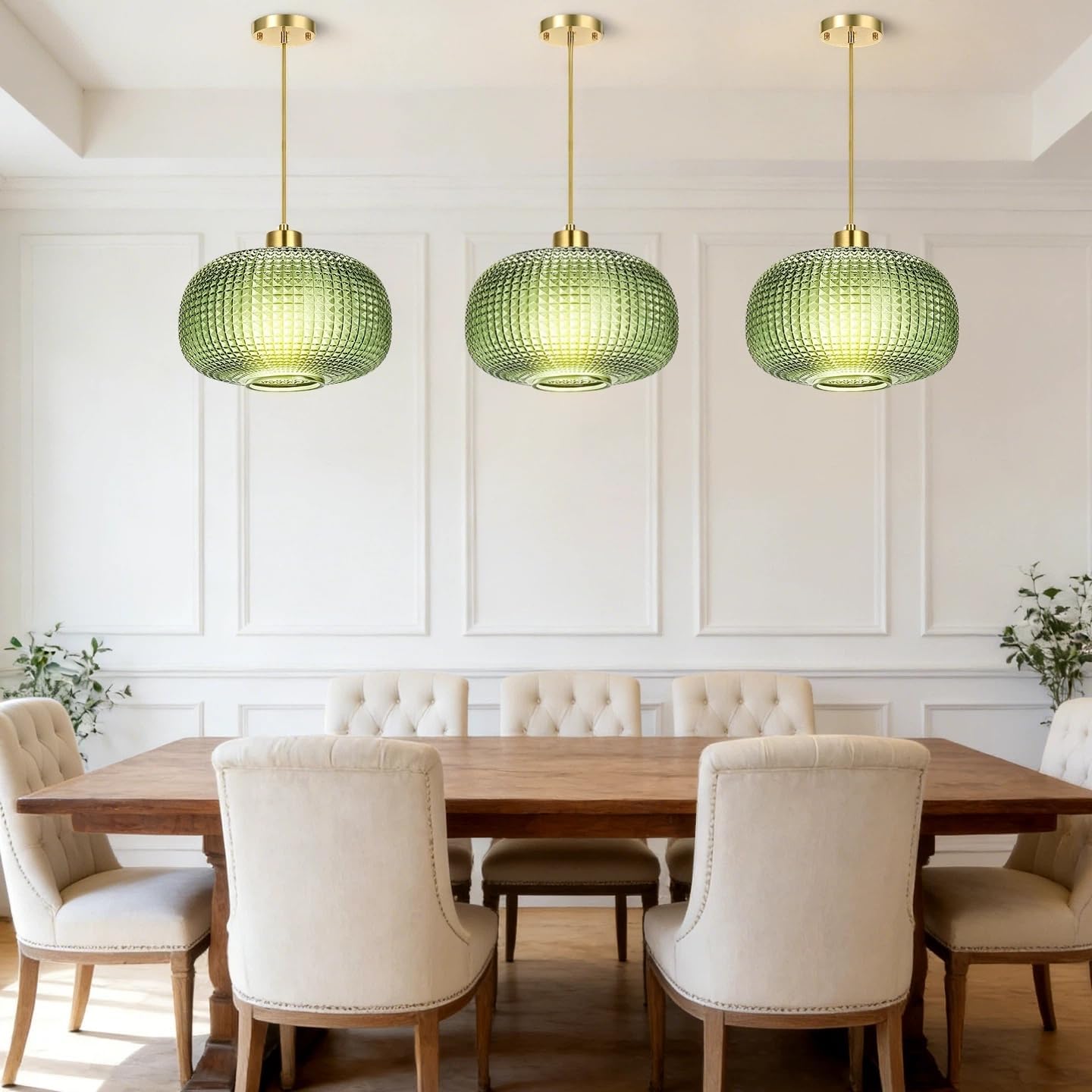 Modern Green Embossed Glass Pendant Light with Brass Finish Adjustable E26 Hanging Ceiling Lamp
