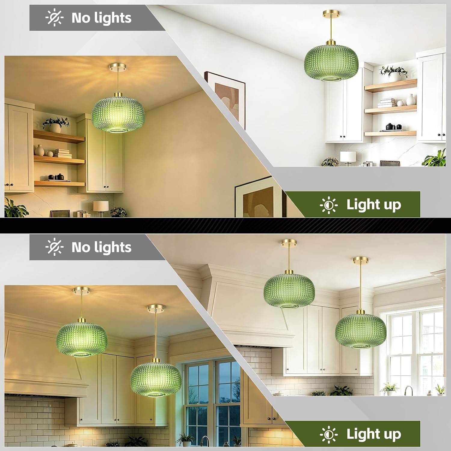 Modern Green Embossed Glass Pendant Light with Brass Finish Adjustable E26 Hanging Ceiling Lamp
