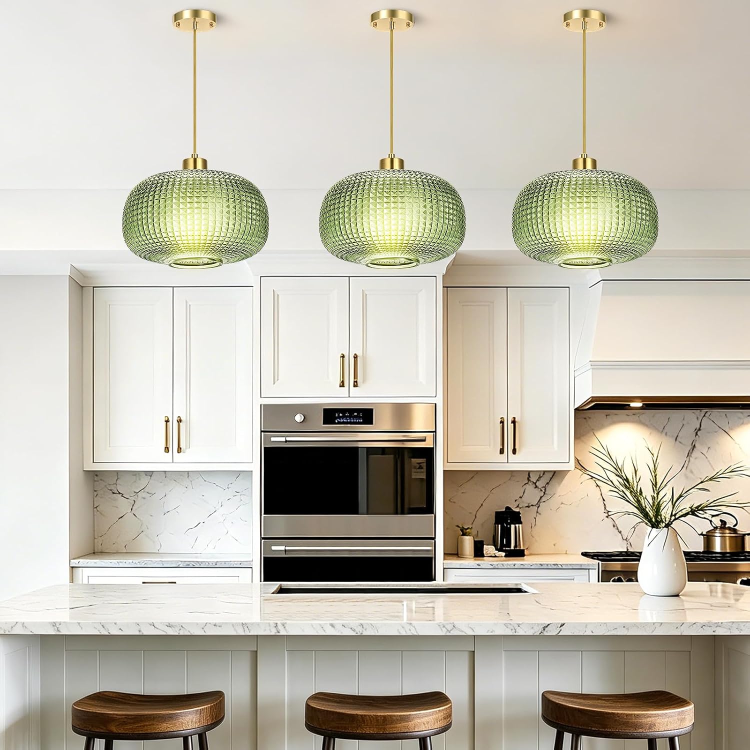 Modern Green Embossed Glass Pendant Light with Brass Finish Adjustable E26 Hanging Ceiling Lamp