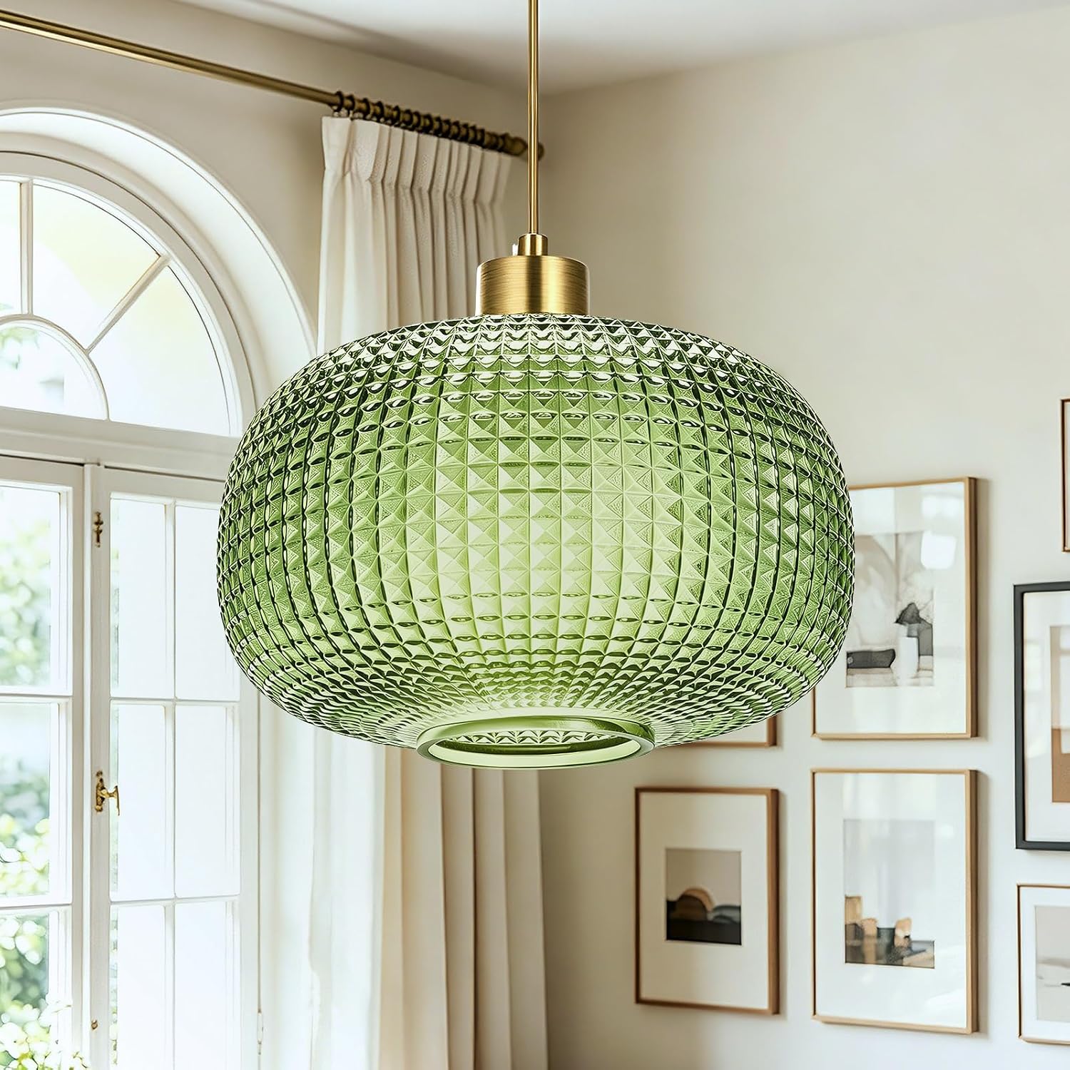 Modern Green Embossed Glass Pendant Light with Brass Finish Adjustable E26 Hanging Ceiling Lamp