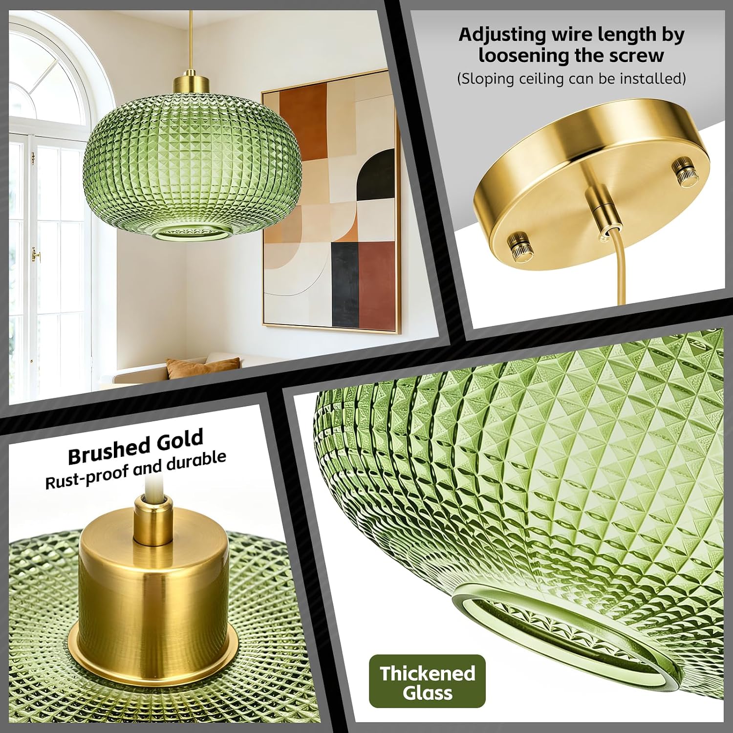 Modern Green Embossed Glass Pendant Light with Brass Finish Adjustable E26 Hanging Ceiling Lamp
