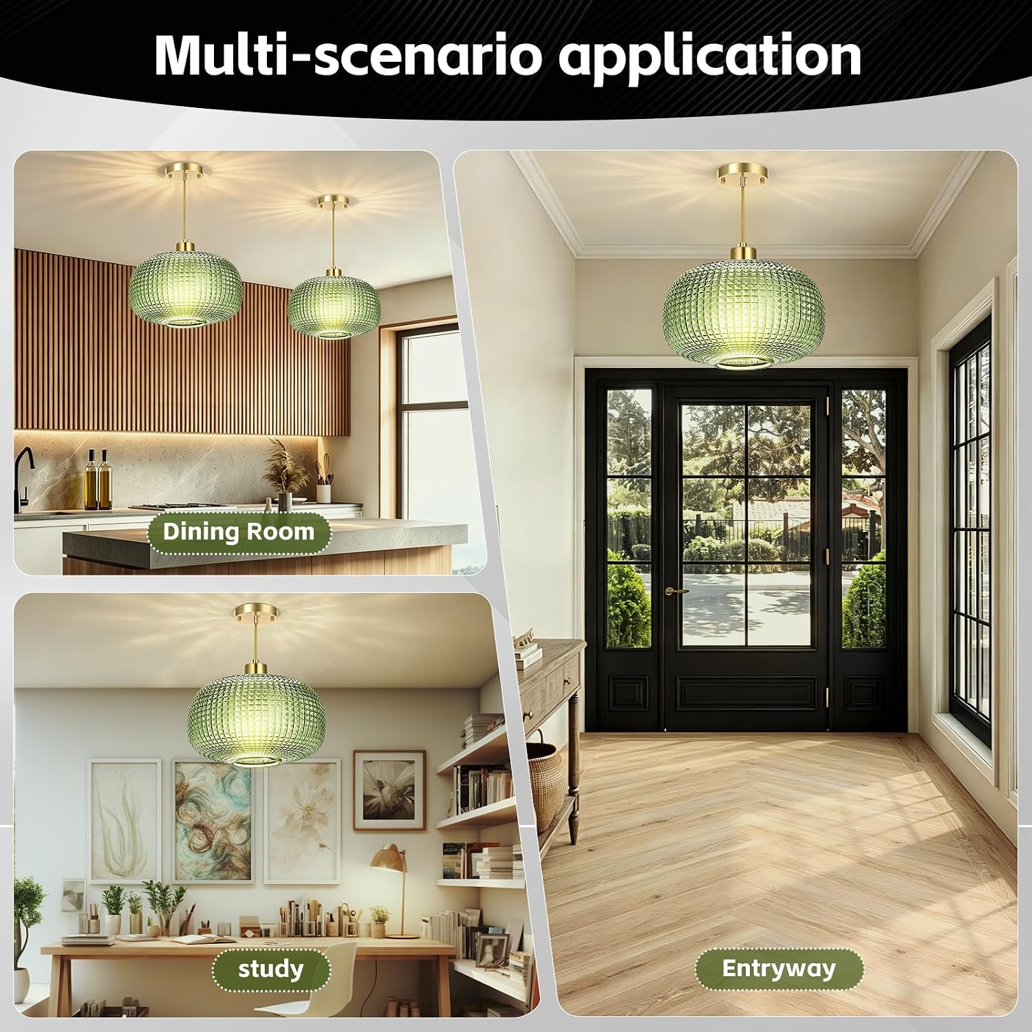 Modern Green Embossed Glass Pendant Light with Brass Finish Adjustable E26 Hanging Ceiling Lamp