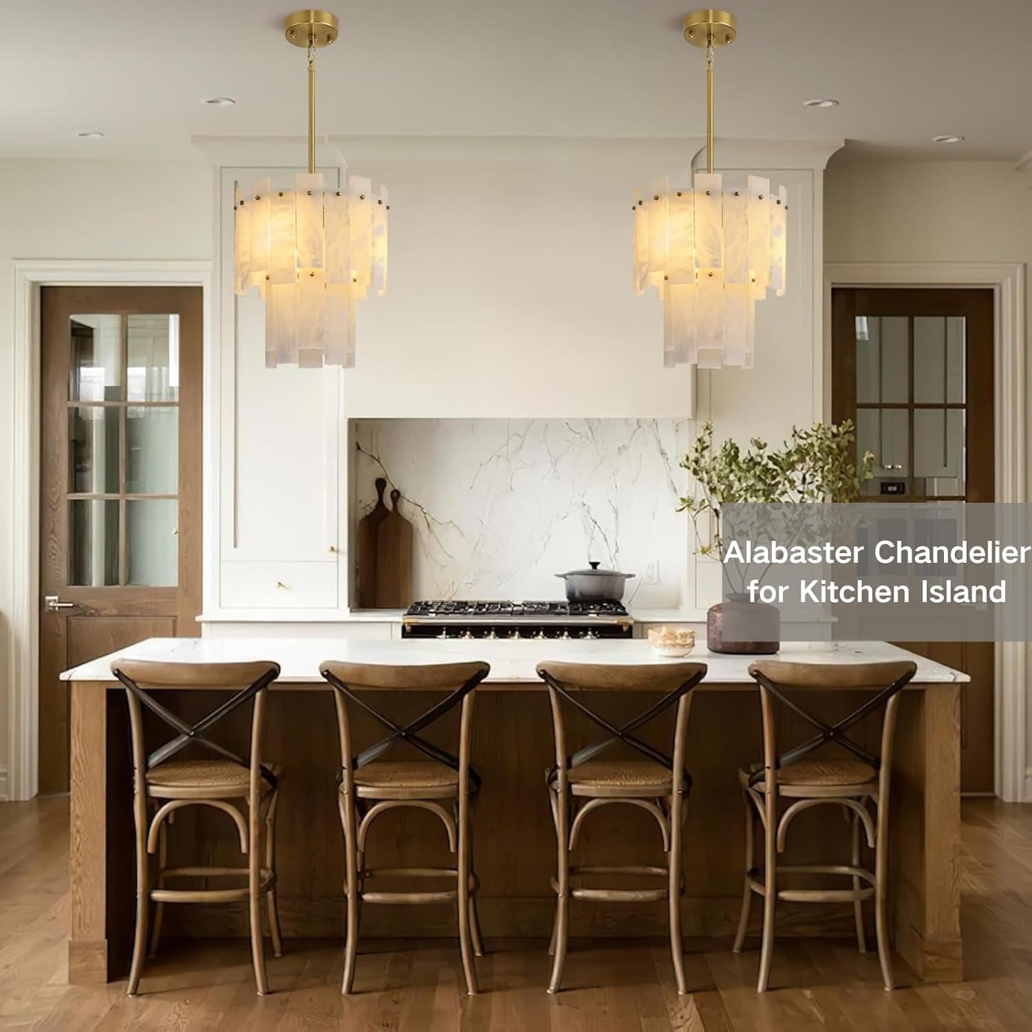 Modern Spanish Alabaster Pendant Chandelier Gold Finish Adjustable Hanging Light 3-Light E12