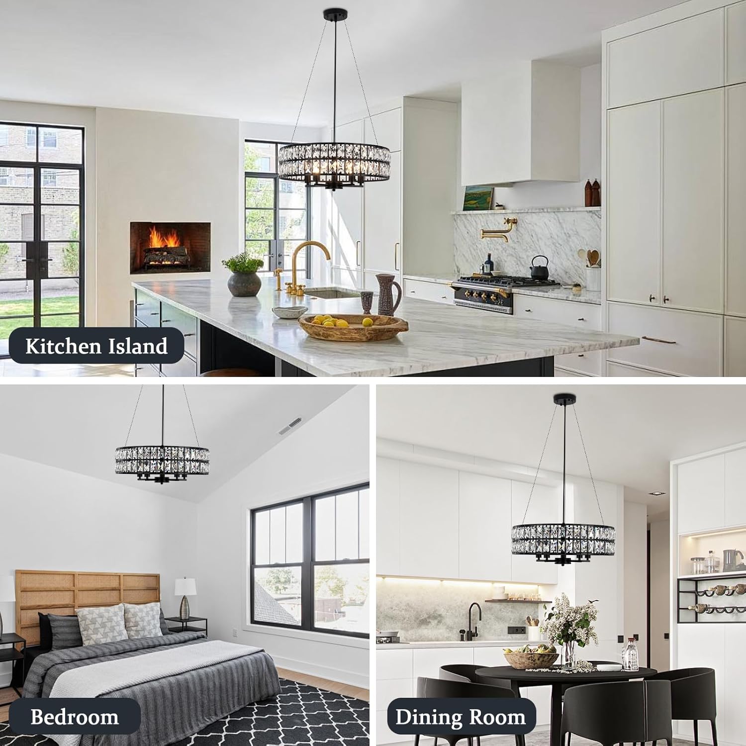 Adjustable Round Crystal Pendant Light - Modern Black Iron Frame Chandelier with E12 Base, 20.39-Inch