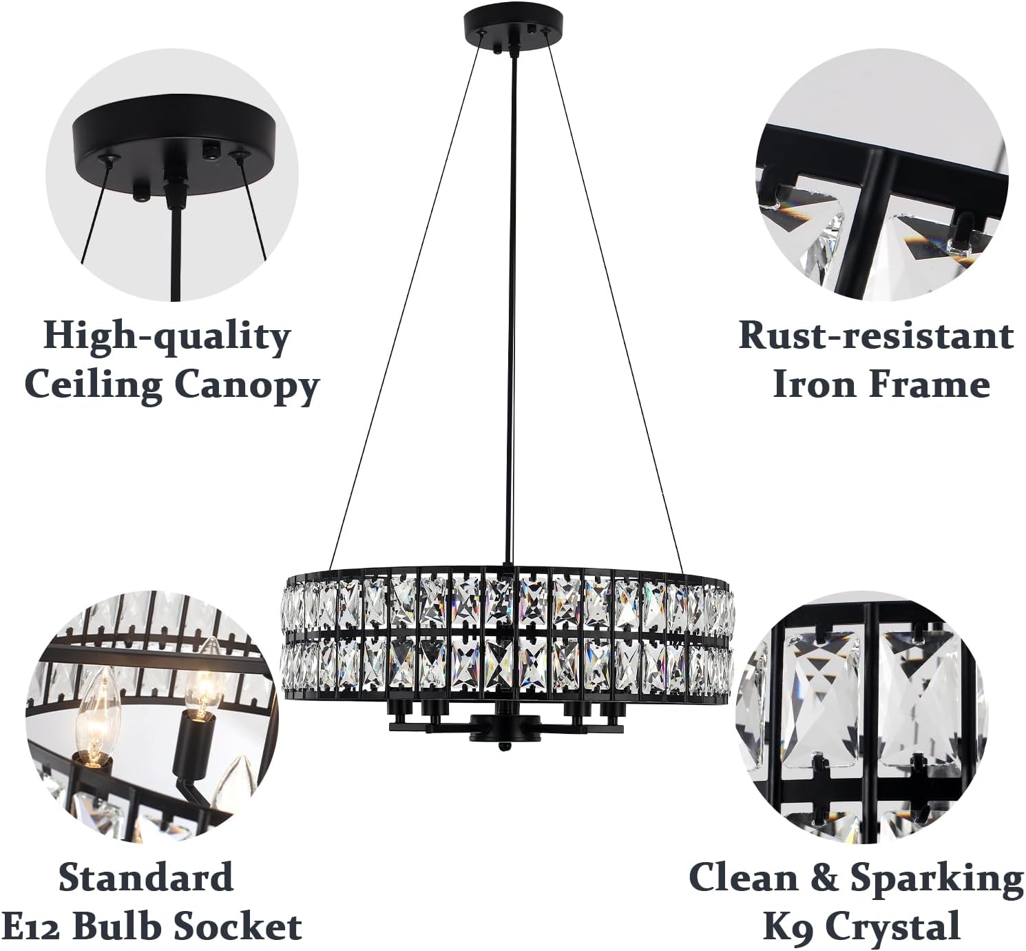 Adjustable Round Crystal Pendant Light - Modern Black Iron Frame Chandelier with E12 Base, 20.39-Inch