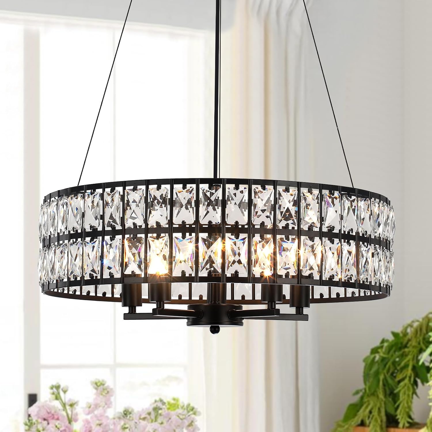 Adjustable Round Crystal Pendant Light - Modern Black Iron Frame Chandelier with E12 Base, 20.39-Inch