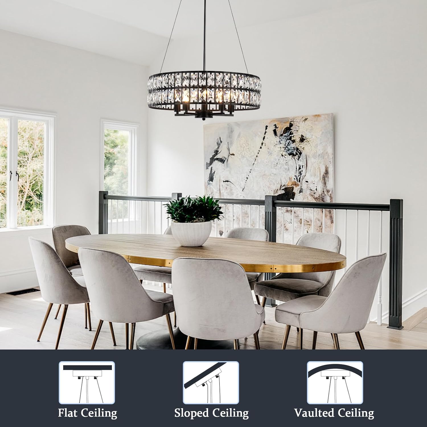 Adjustable Round Crystal Pendant Light - Modern Black Iron Frame Chandelier with E12 Base, 20.39-Inch