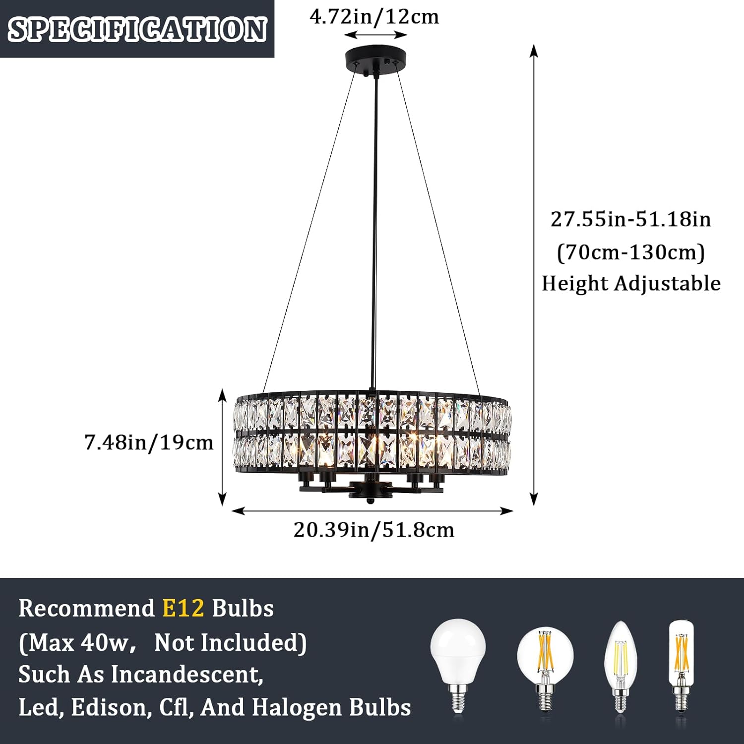 Adjustable Round Crystal Pendant Light - Modern Black Iron Frame Chandelier with E12 Base, 20.39-Inch