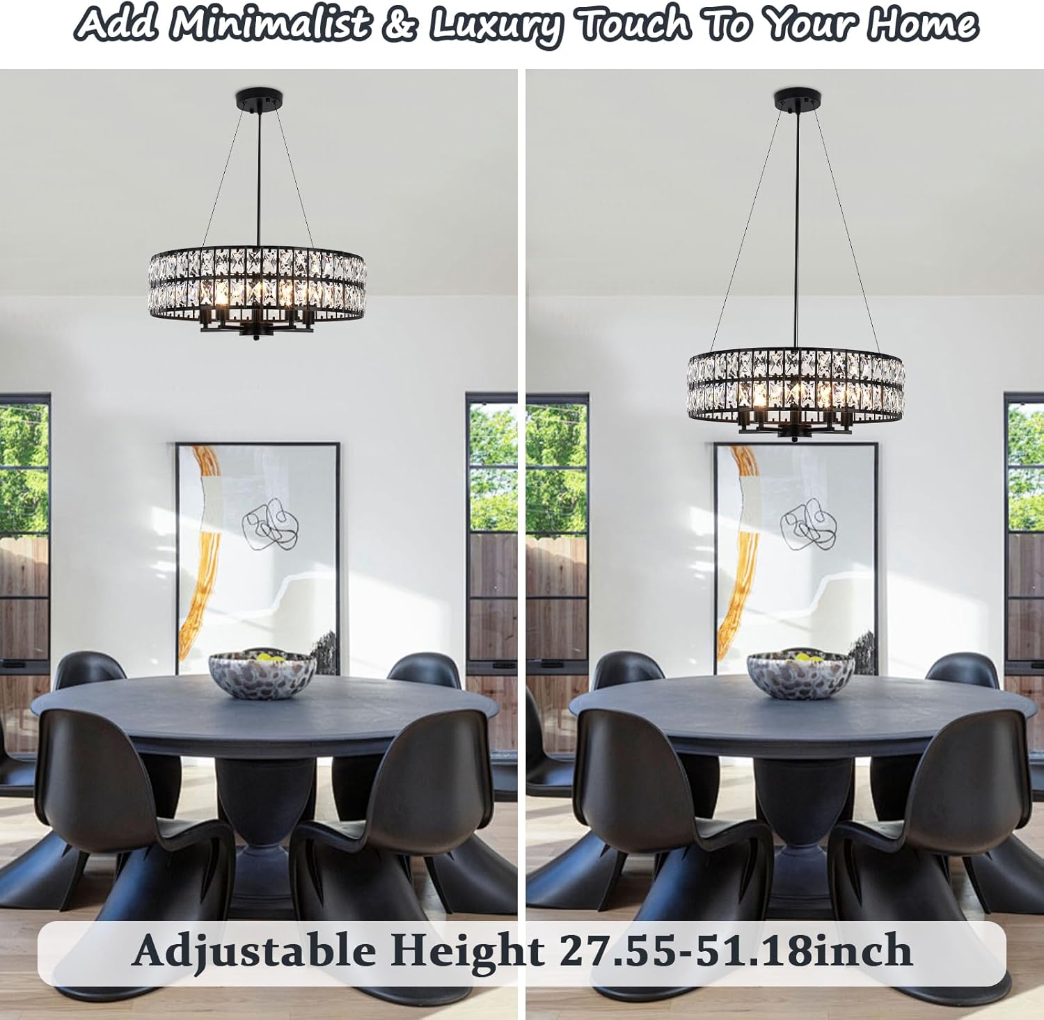 Adjustable Round Crystal Pendant Light - Modern Black Iron Frame Chandelier with E12 Base, 20.39-Inch