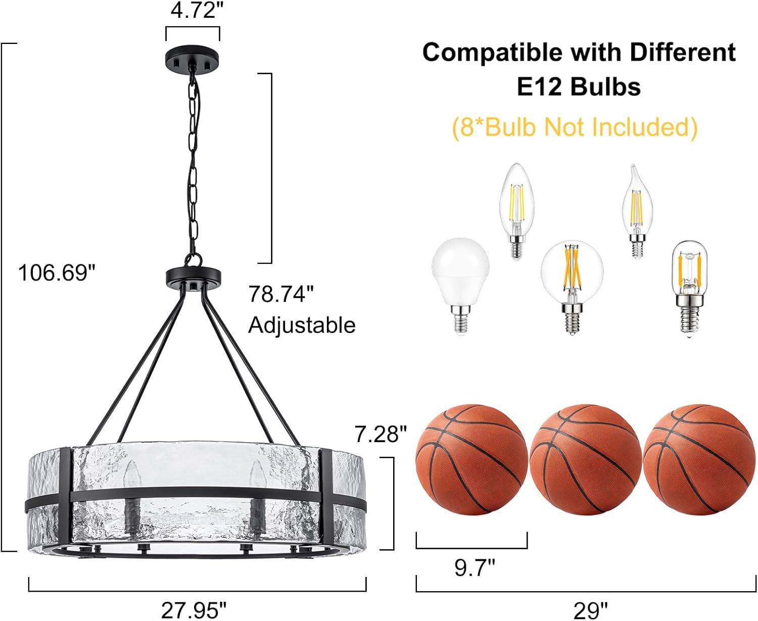 Modern Black Drum Chandelier with Hammered Glass Shade 8-Light Adjustable Round Pendant Ceiling Light