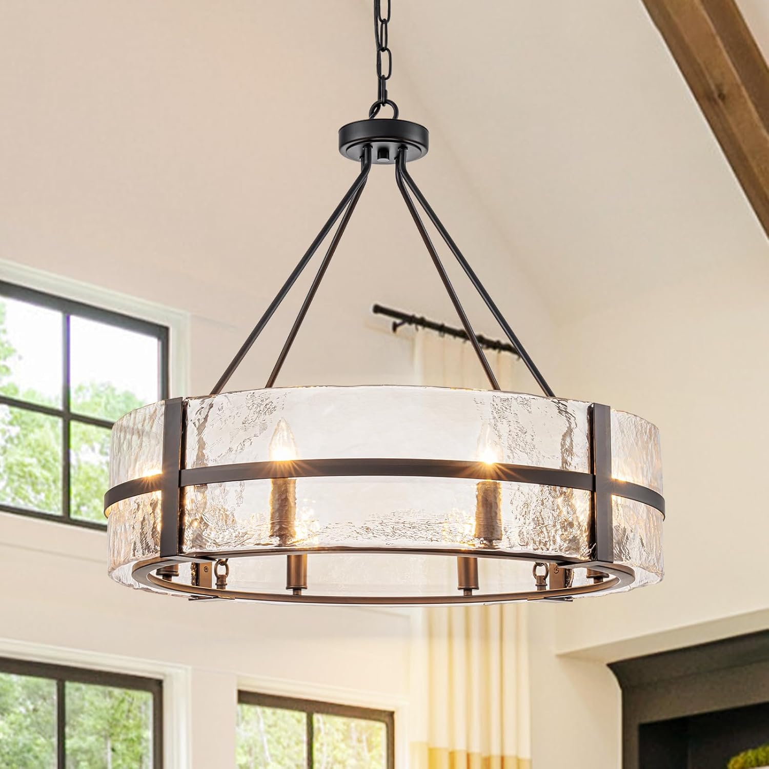 Modern Black Drum Chandelier with Hammered Glass Shade 8-Light Adjustable Round Pendant Ceiling Light