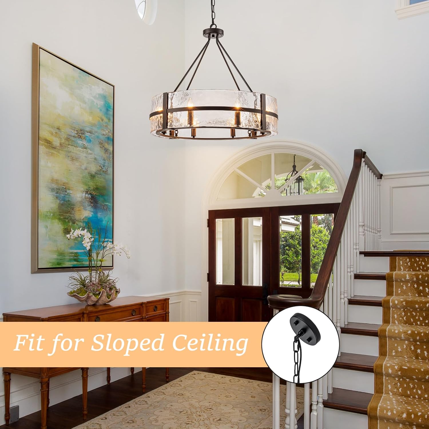 Modern Black Drum Chandelier with Hammered Glass Shade 8-Light Adjustable Round Pendant Ceiling Light