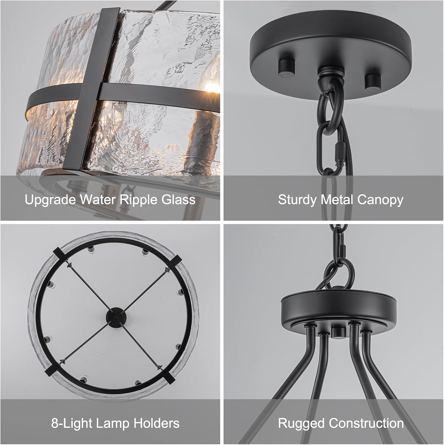 Modern Black Drum Chandelier with Hammered Glass Shade 8-Light Adjustable Round Pendant Ceiling Light