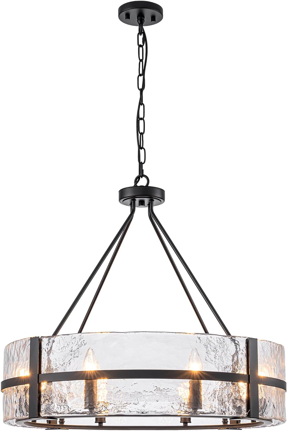 Modern Black Drum Chandelier with Hammered Glass Shade 8-Light Adjustable Round Pendant Ceiling Light