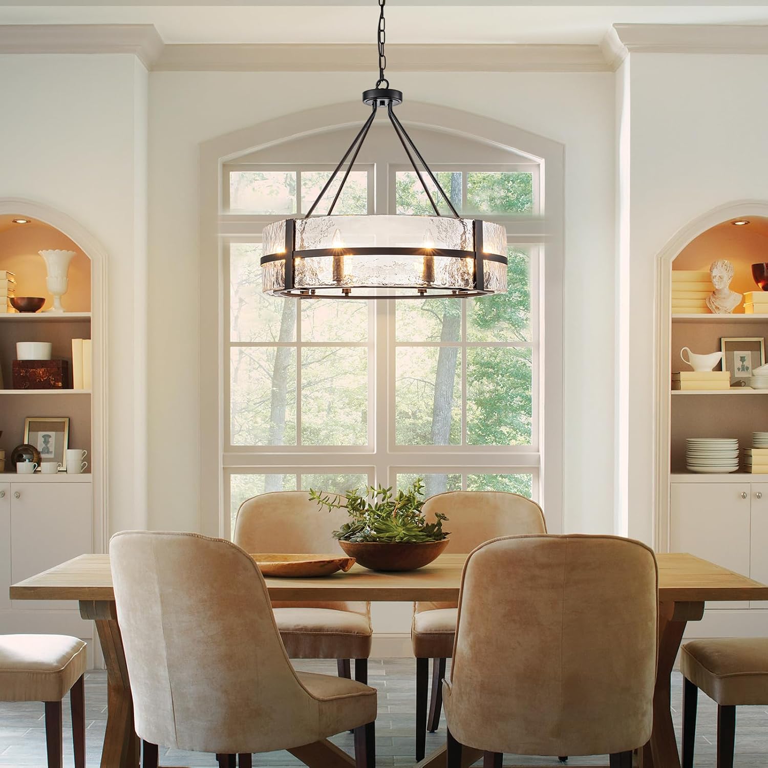 Modern Black Drum Chandelier with Hammered Glass Shade 8-Light Adjustable Round Pendant Ceiling Light
