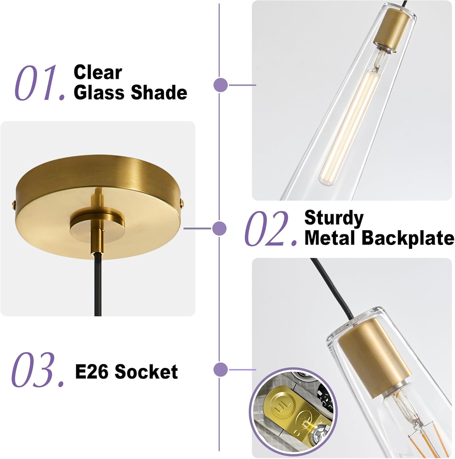 Modern Gold Clear Glass Cone Pendant Light Adjustable Single Hanging Ceiling Lamp