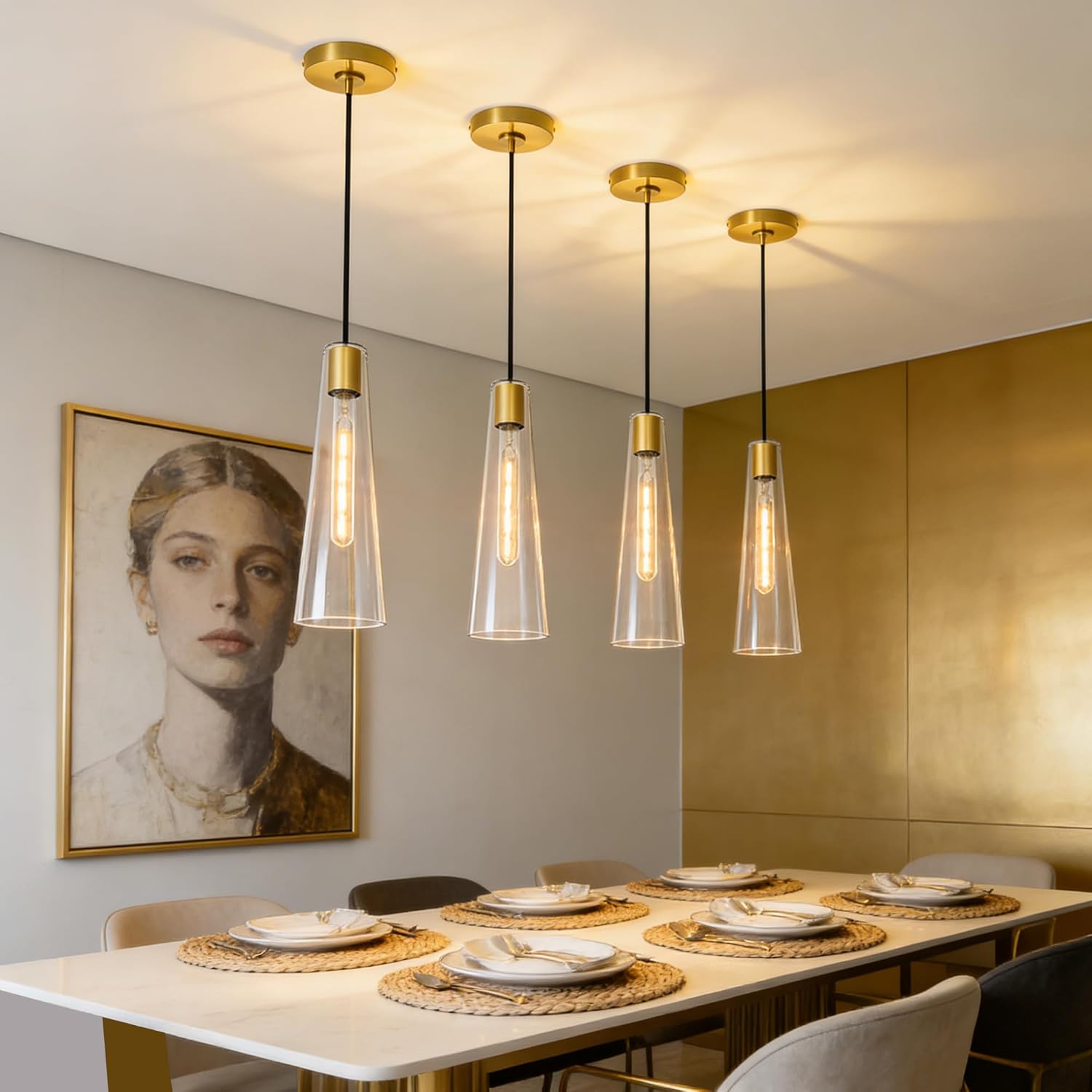 Modern Gold Clear Glass Cone Pendant Light Adjustable Single Hanging Ceiling Lamp