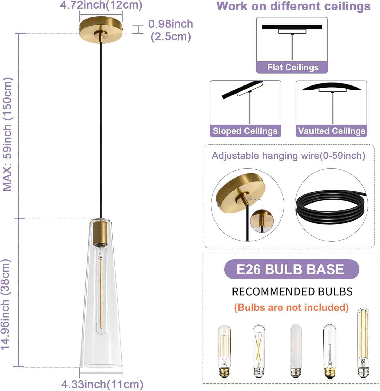 Modern Gold Clear Glass Cone Pendant Light Adjustable Single Hanging Ceiling Lamp