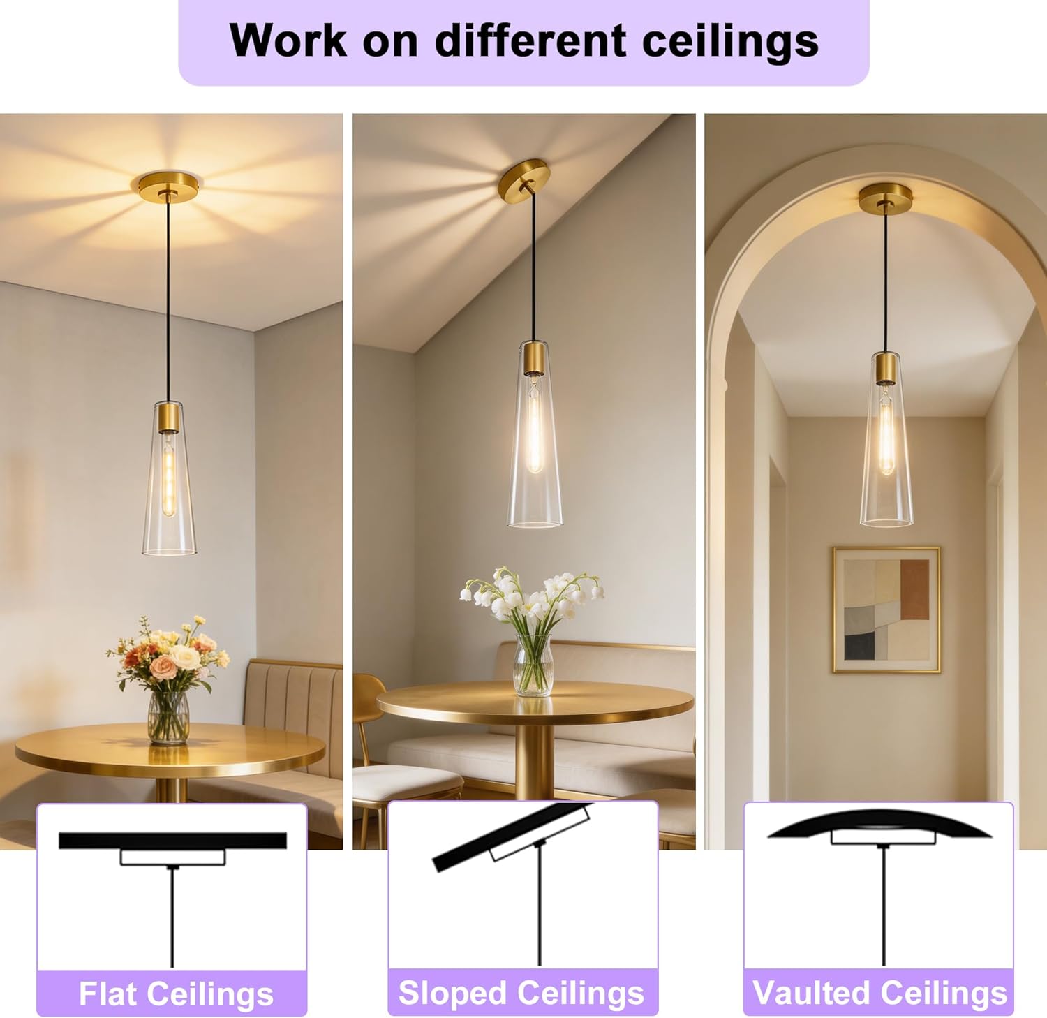 Modern Gold Clear Glass Cone Pendant Light Adjustable Single Hanging Ceiling Lamp
