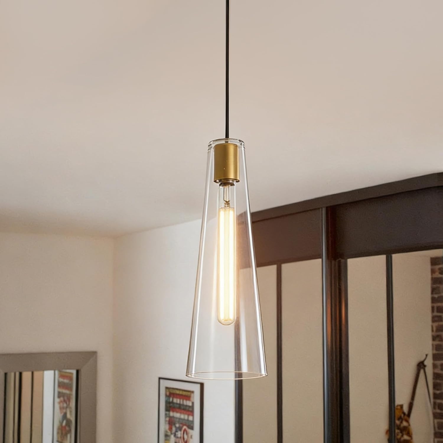 Modern Gold Clear Glass Cone Pendant Light Adjustable Single Hanging Ceiling Lamp