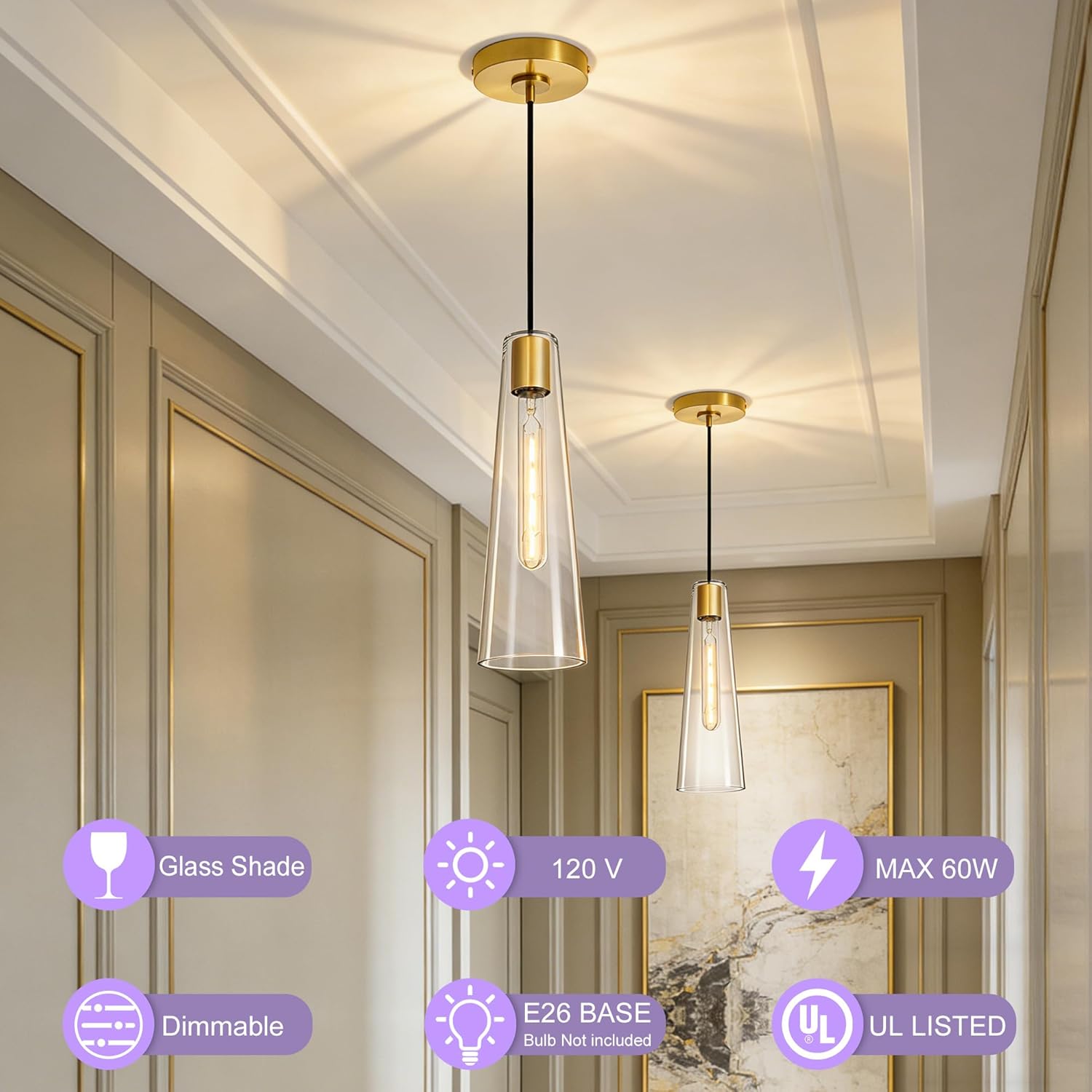 Modern Gold Clear Glass Cone Pendant Light Adjustable Single Hanging Ceiling Lamp
