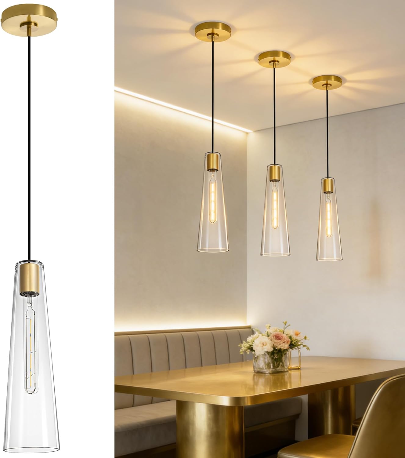 Modern Gold Clear Glass Cone Pendant Light Adjustable Single Hanging Ceiling Lamp