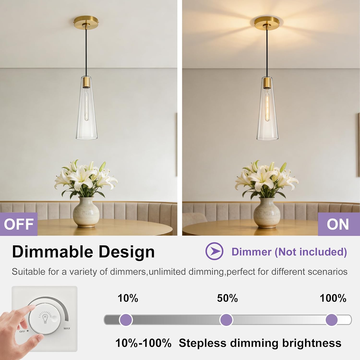 Modern Gold Clear Glass Cone Pendant Light Adjustable Single Hanging Ceiling Lamp