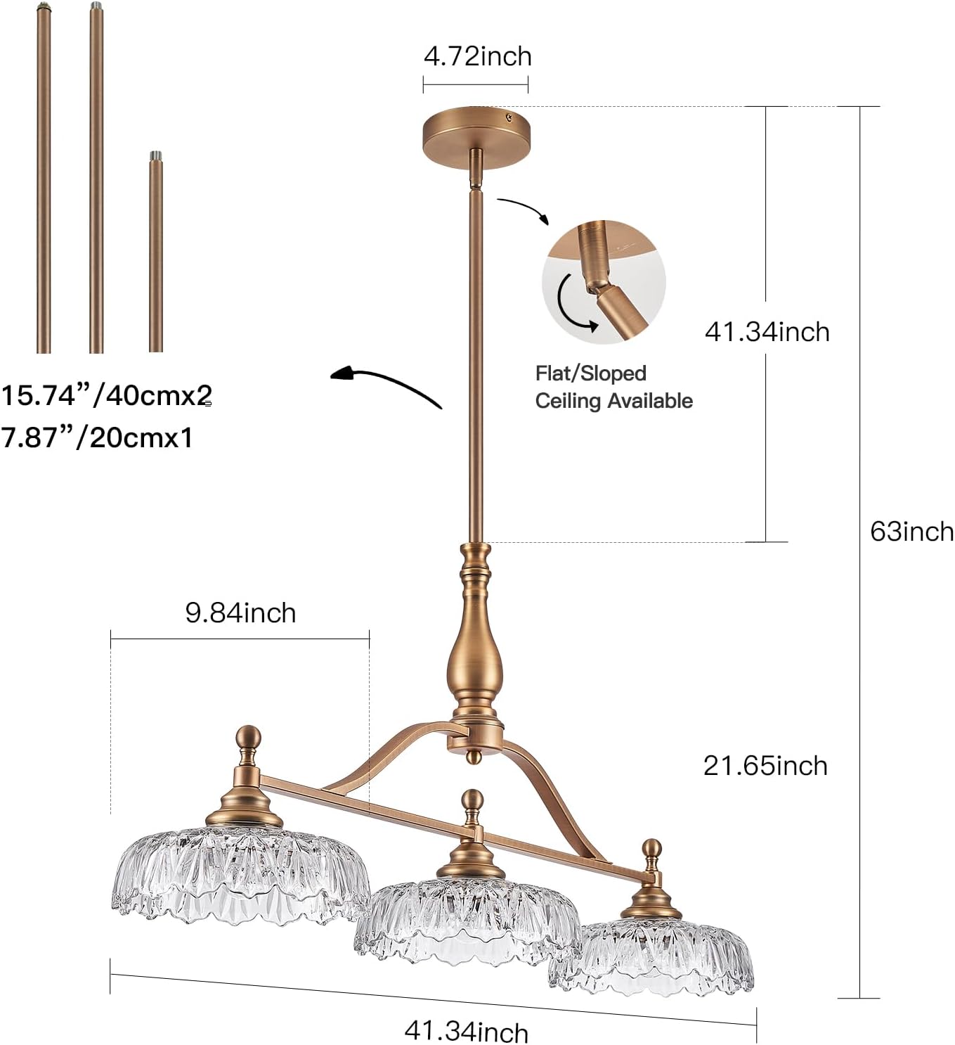 Vintage Brass Kitchen Island Chandelier with Crystal Glass Shades