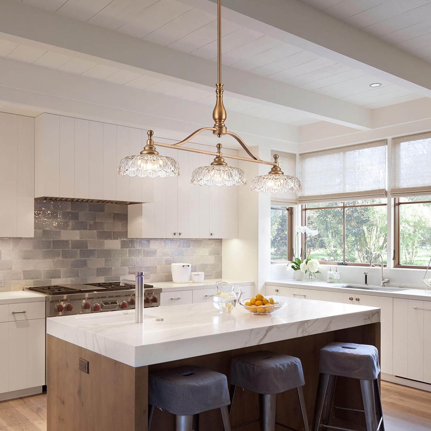 Vintage Brass Kitchen Island Chandelier with Crystal Glass Shades