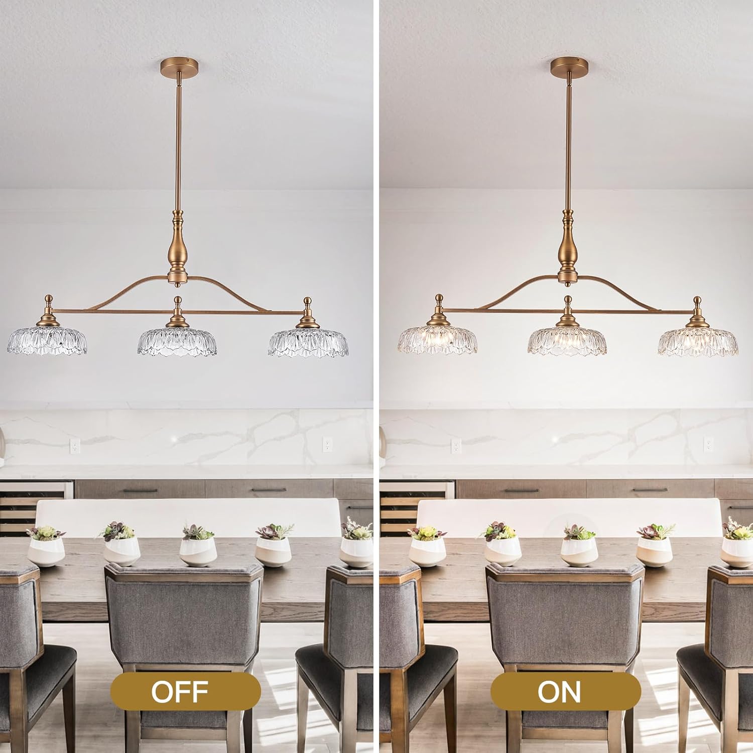 Vintage Brass Kitchen Island Chandelier with Crystal Glass Shades
