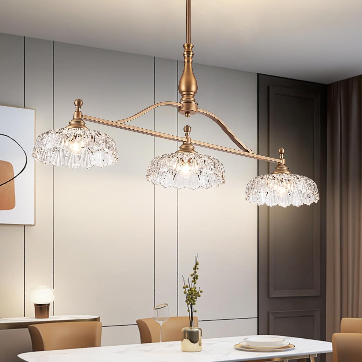 Vintage Brass Kitchen Island Chandelier with Crystal Glass Shades