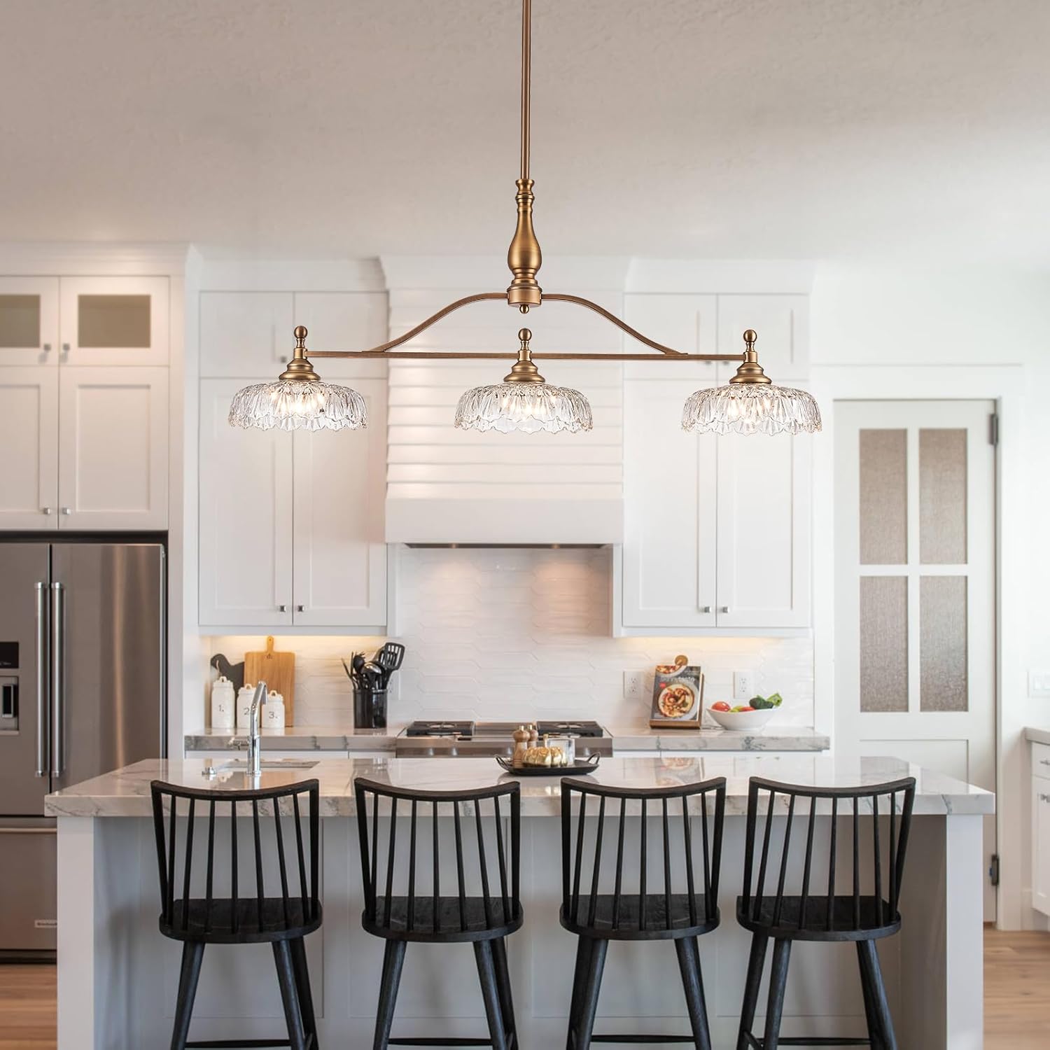 Vintage Brass Kitchen Island Chandelier with Crystal Glass Shades