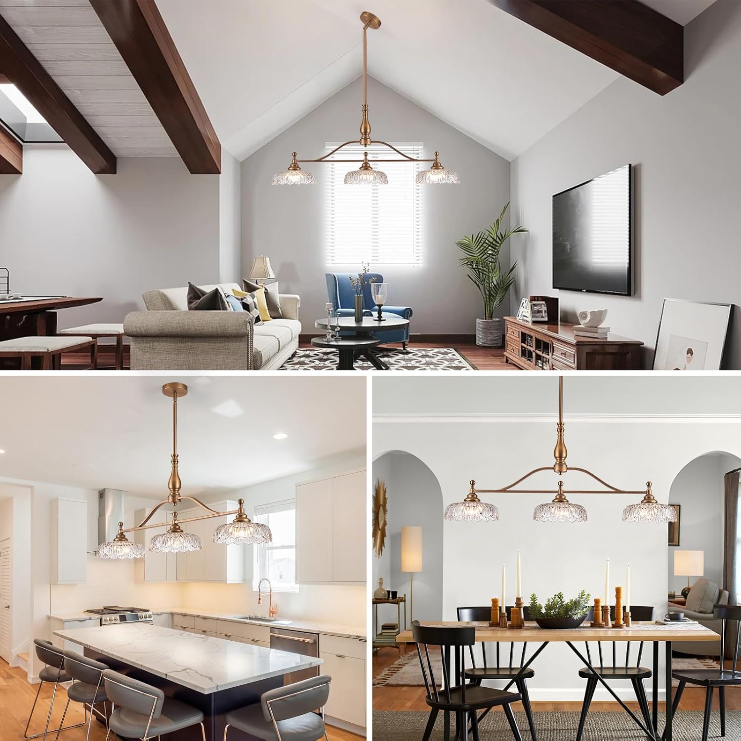 Vintage Brass Kitchen Island Chandelier with Crystal Glass Shades