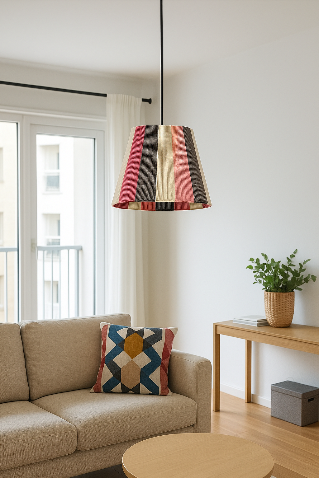Pink Striped Cotton String Pendant Light - Handmade Woven Lampshade, Adjustable Ceiling Lamp