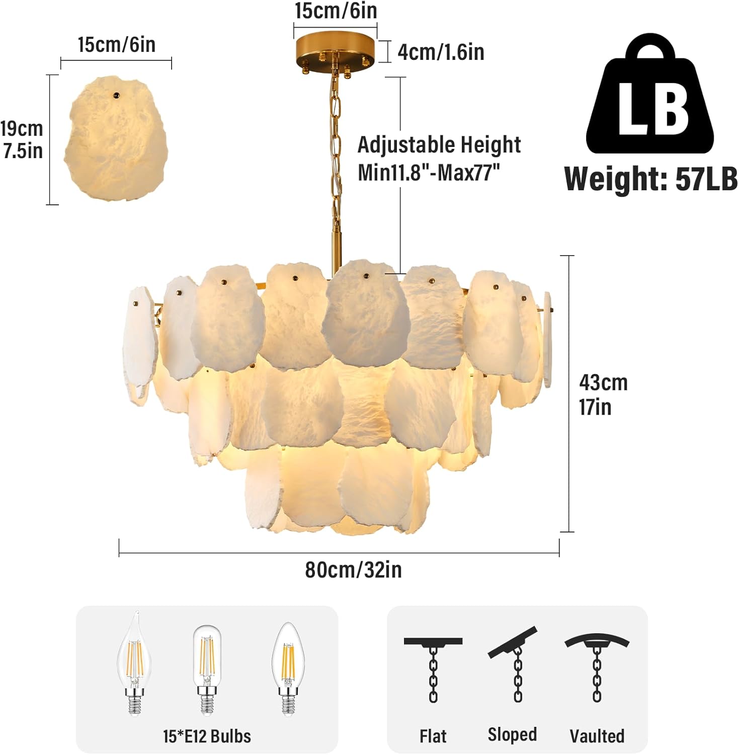 Modern Round Alabaster Chandelier Gold Tiered Pendant Light 32 Inch Adjustable Ceiling Light