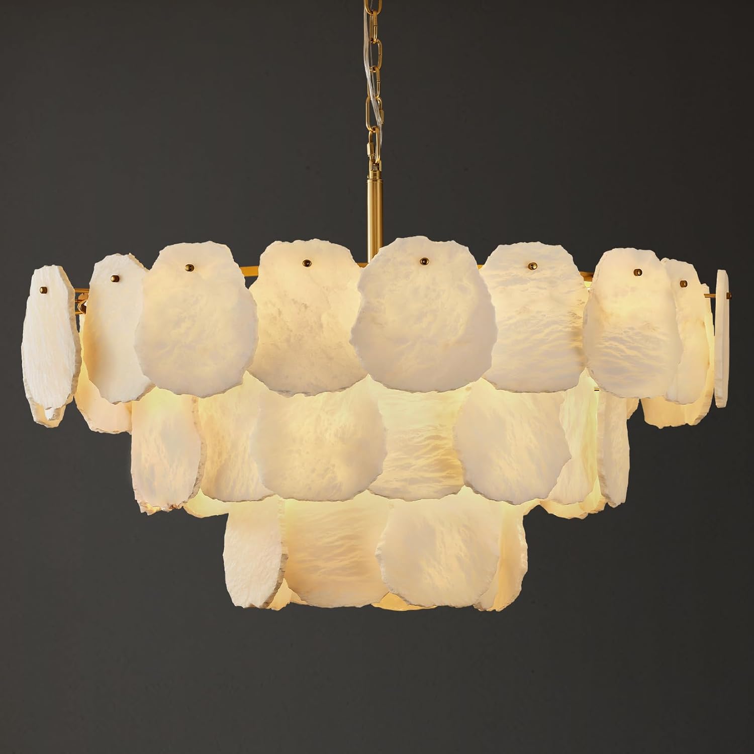Modern Round Alabaster Chandelier Gold Tiered Pendant Light 32 Inch Adjustable Ceiling Light