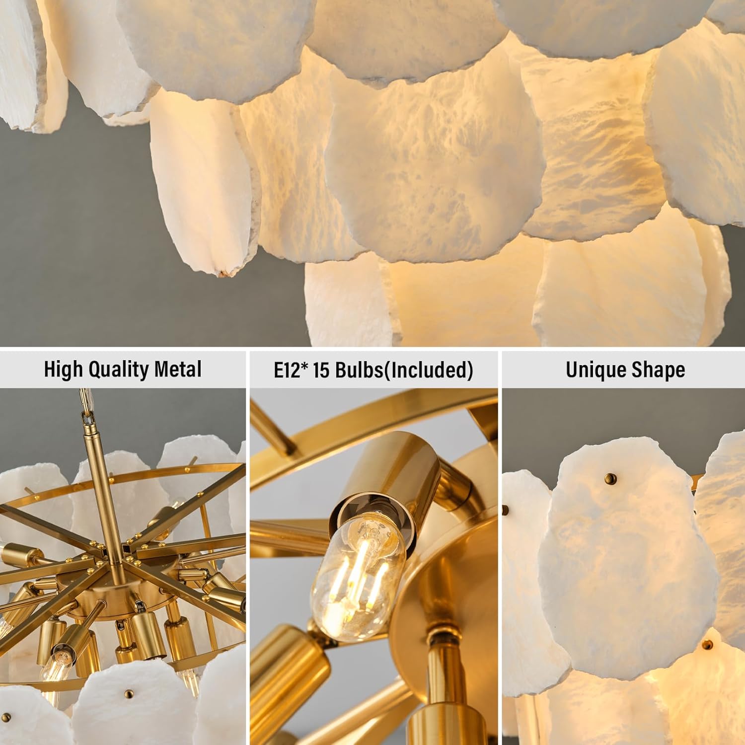 Modern Round Alabaster Chandelier Gold Tiered Pendant Light 32 Inch Adjustable Ceiling Light