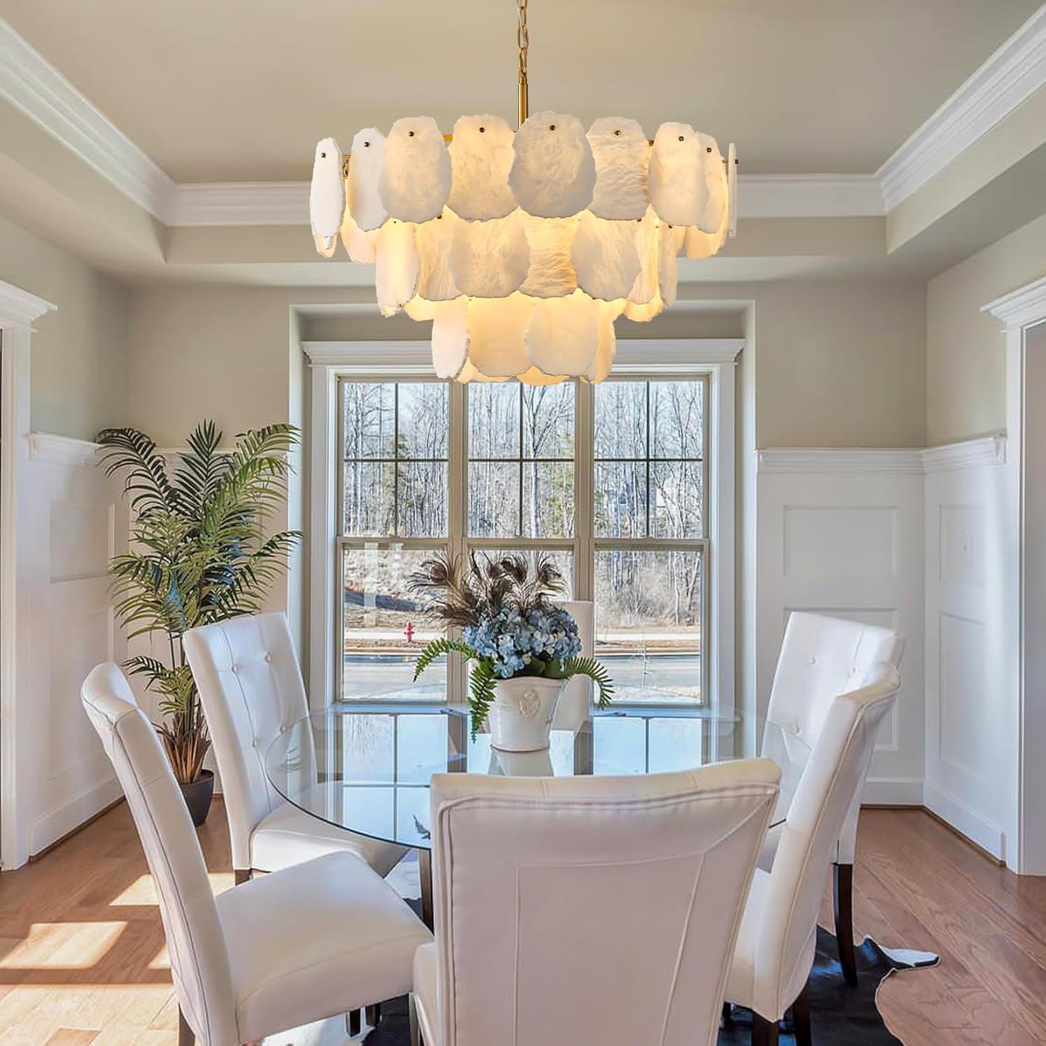 Modern Round Alabaster Chandelier Gold Tiered Pendant Light 32 Inch Adjustable Ceiling Light
