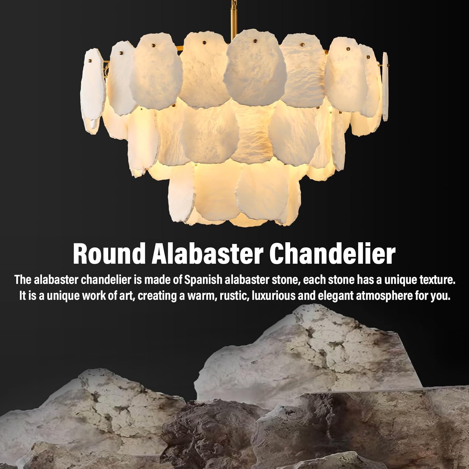 Modern Round Alabaster Chandelier Gold Tiered Pendant Light 32 Inch Adjustable Ceiling Light