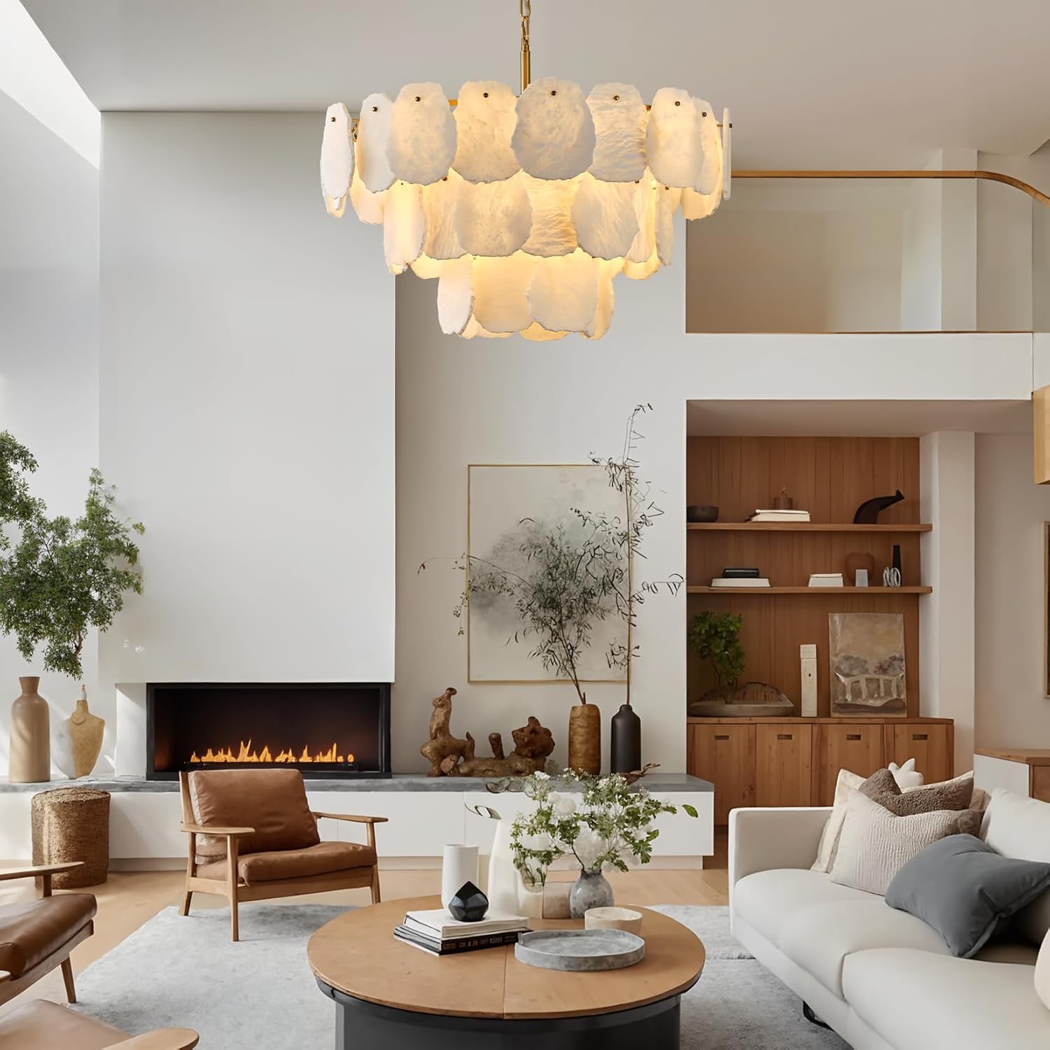 Modern Round Alabaster Chandelier Gold Tiered Pendant Light 32 Inch Adjustable Ceiling Light