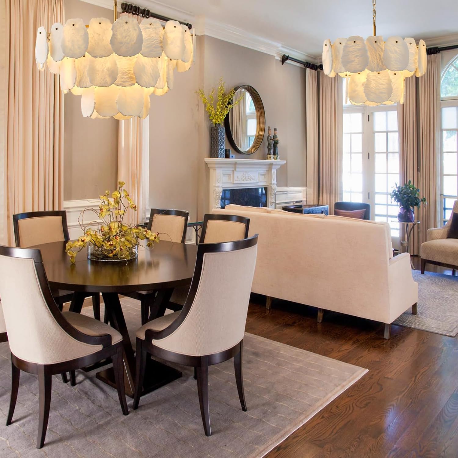 Modern Round Alabaster Chandelier Gold Tiered Pendant Light 32 Inch Adjustable Ceiling Light