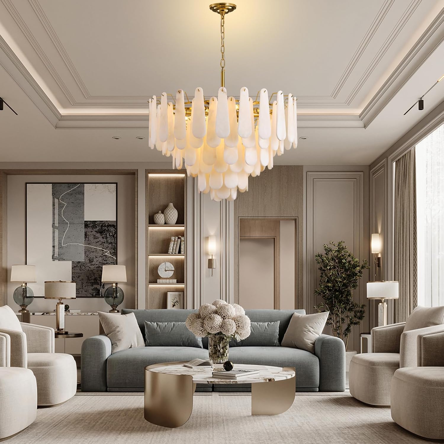 Luxury Gold Alabaster Tiered Chandelier 31.5 Inch Adjustable Pendant Ceiling Light